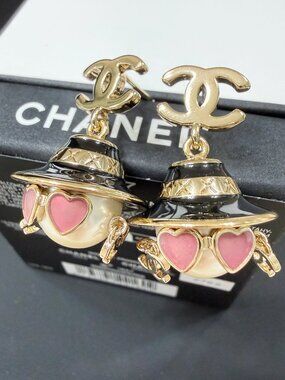 Chanel Gold- Tone CC Pearl Black Hat Pink Heart Sunglasses Dangle Earrings